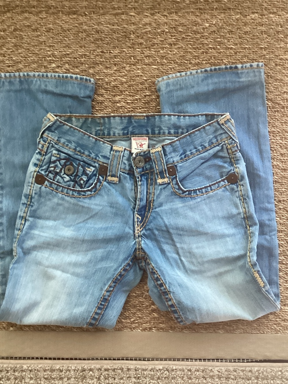 True Religion mens Light Blue Boot Cut Jeans with Contrast Stitching
